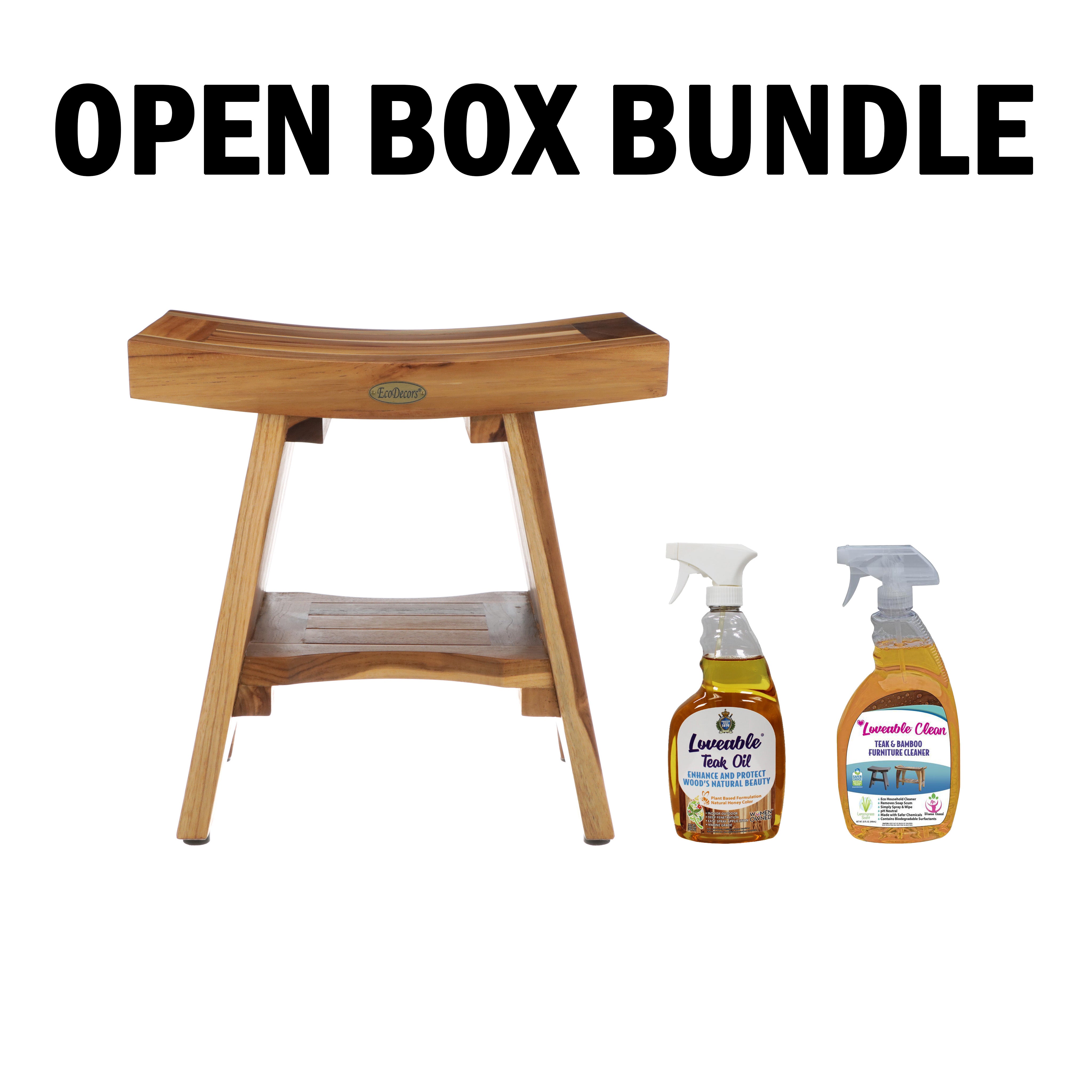 OPEN BOX EcoDecors Serenity 18" Teak Wood Shower Bench, Fully Assembled | 2 Pack Teak Care Bundle