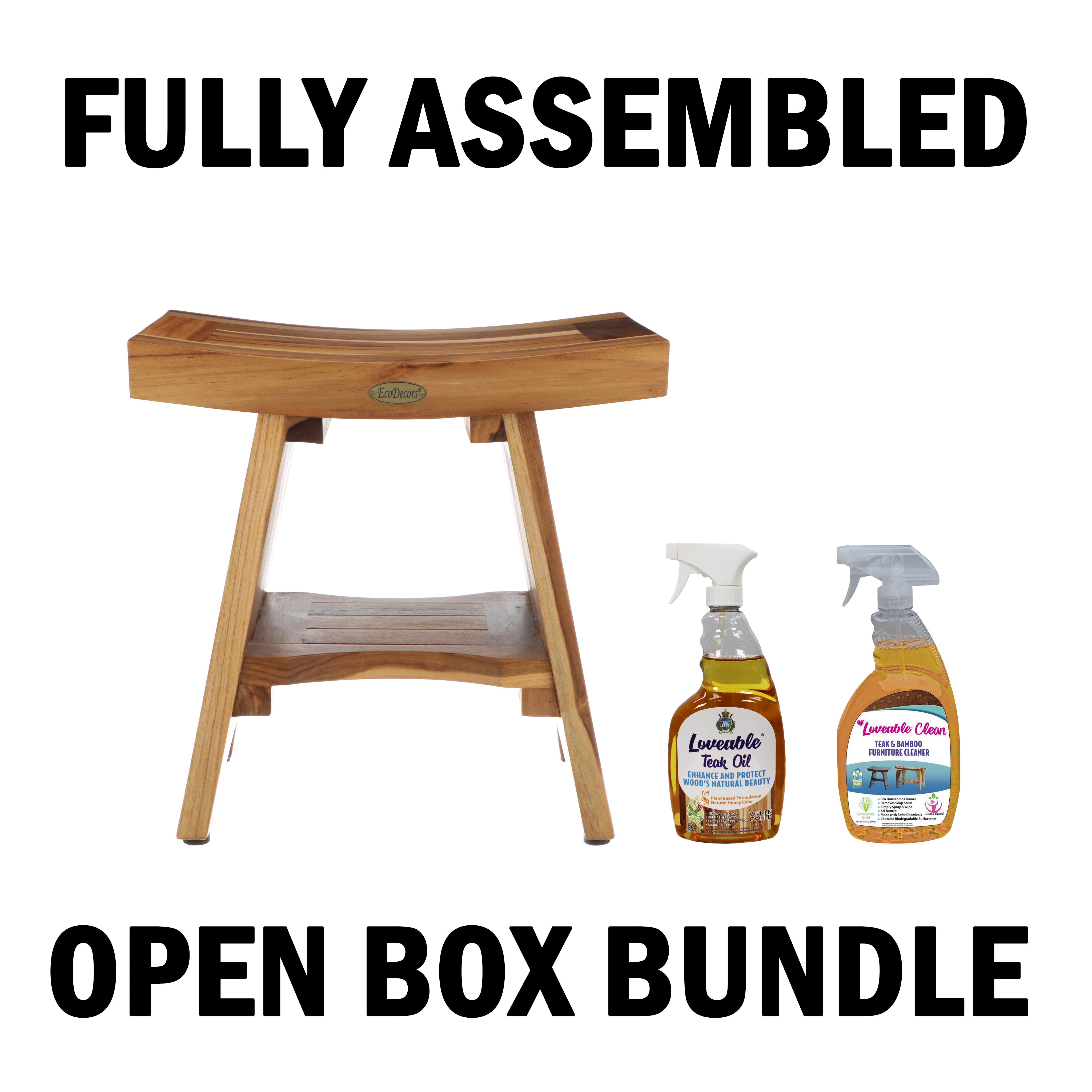 OPEN BOX, FULLY ASSEMBLED EcoDecors Serenity 18" Teak Wood Shower Bench | 2 Pack Teak Care Bundle