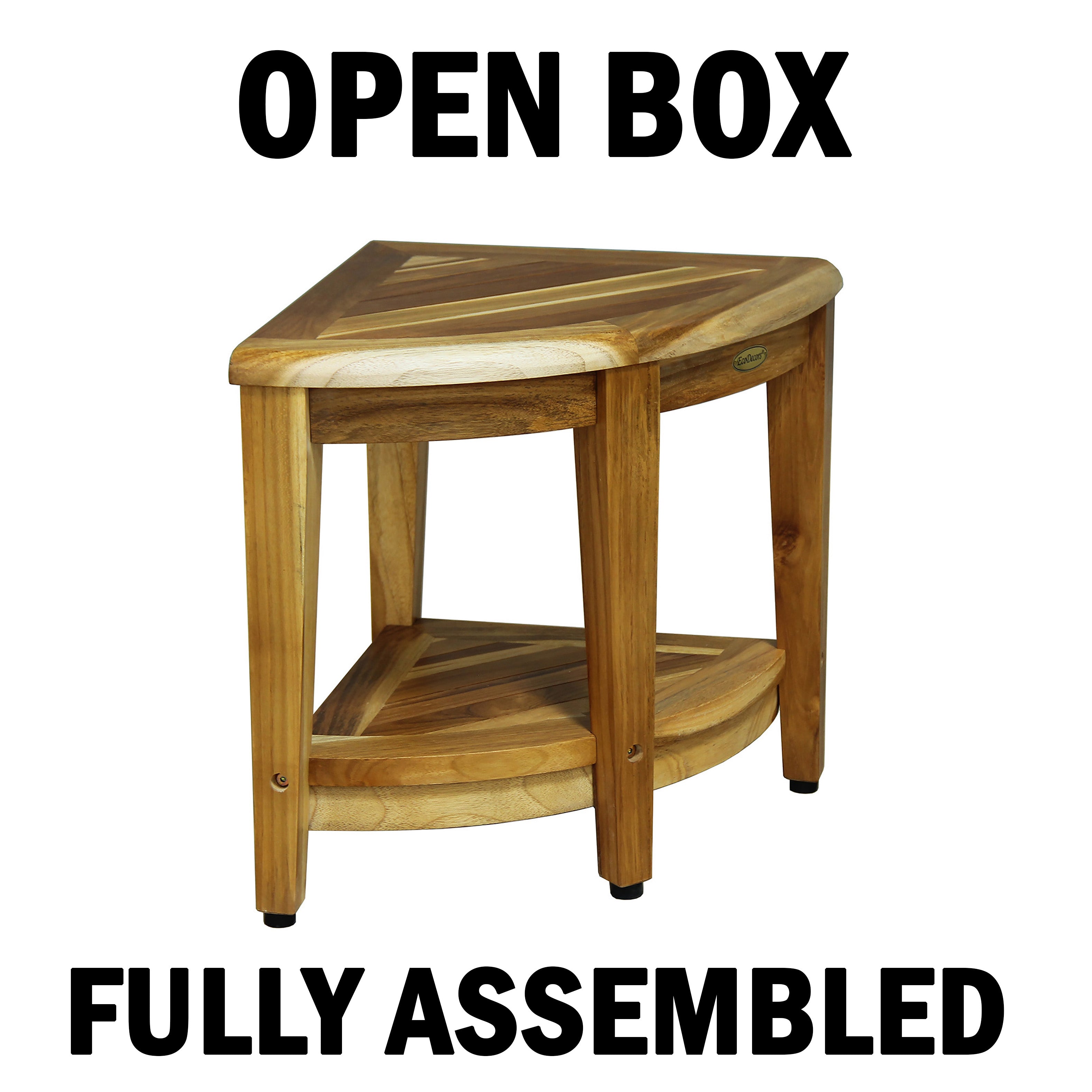 OPEN BOX, FULLY ASSEMBLED EcoDecors® SnazzyCorner® 18" H Wide Teak Wood Corner Shower Bench with Shelf in EarthyTeak Finish, Fully Assembled, 300LB Capacity