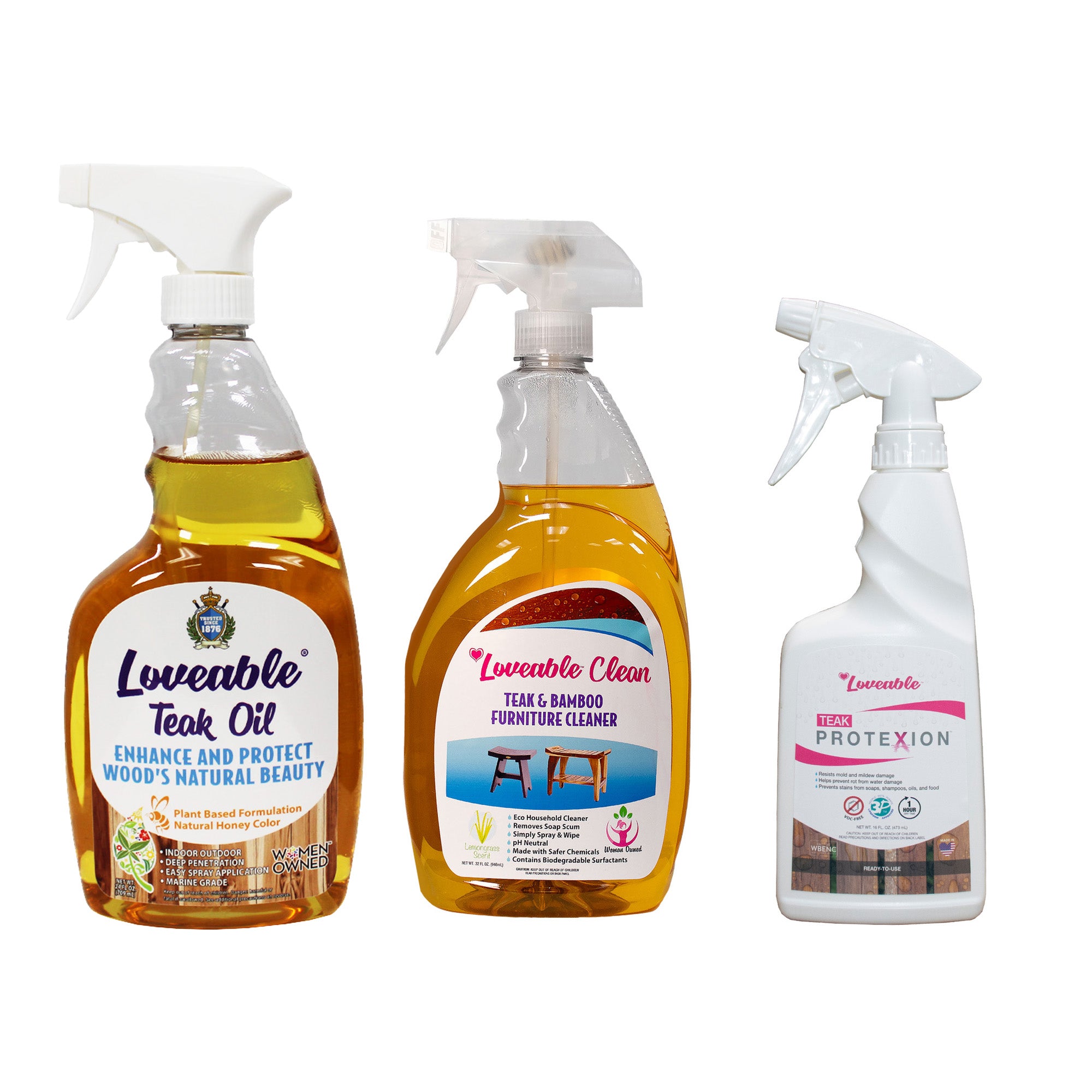 EcoDecors Protective Bundle – Loveable Teak Conditioning Oil, Teak Furniture Cleaner, and Protexion Teak Sealer Spray Bottle