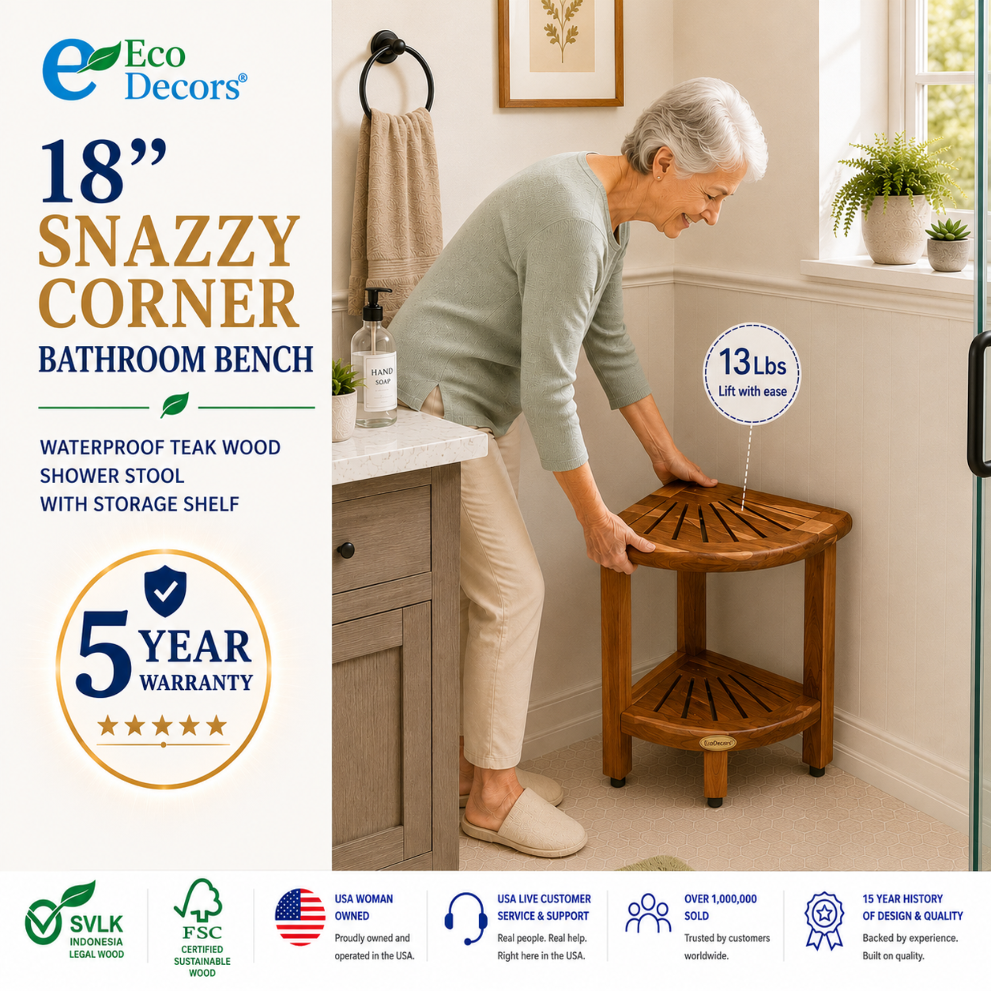 EcoDecors 18" Teak Corner Shower Bench with Shelf – Waterproof Shower Stool for Inside Shower, Non-Slip Bathroom Seat, Spa Storage Bench, Supports 300 lbs