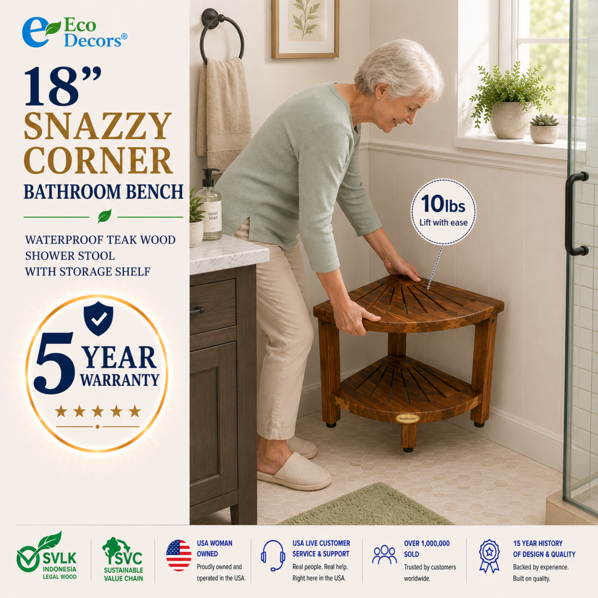 EcoDecors 18" Teak Corner Shower Bench with Shelf – Waterproof Shower Stool for Inside Shower, Non-Slip Bathroom Seat, Spa Storage Bench, Supports 300 lbs