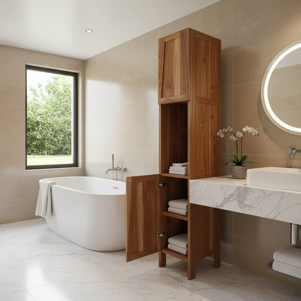 EcoDecors® Significado® 79" Teak Wood Free Standing Linen Tower in EarthyTeak Finish