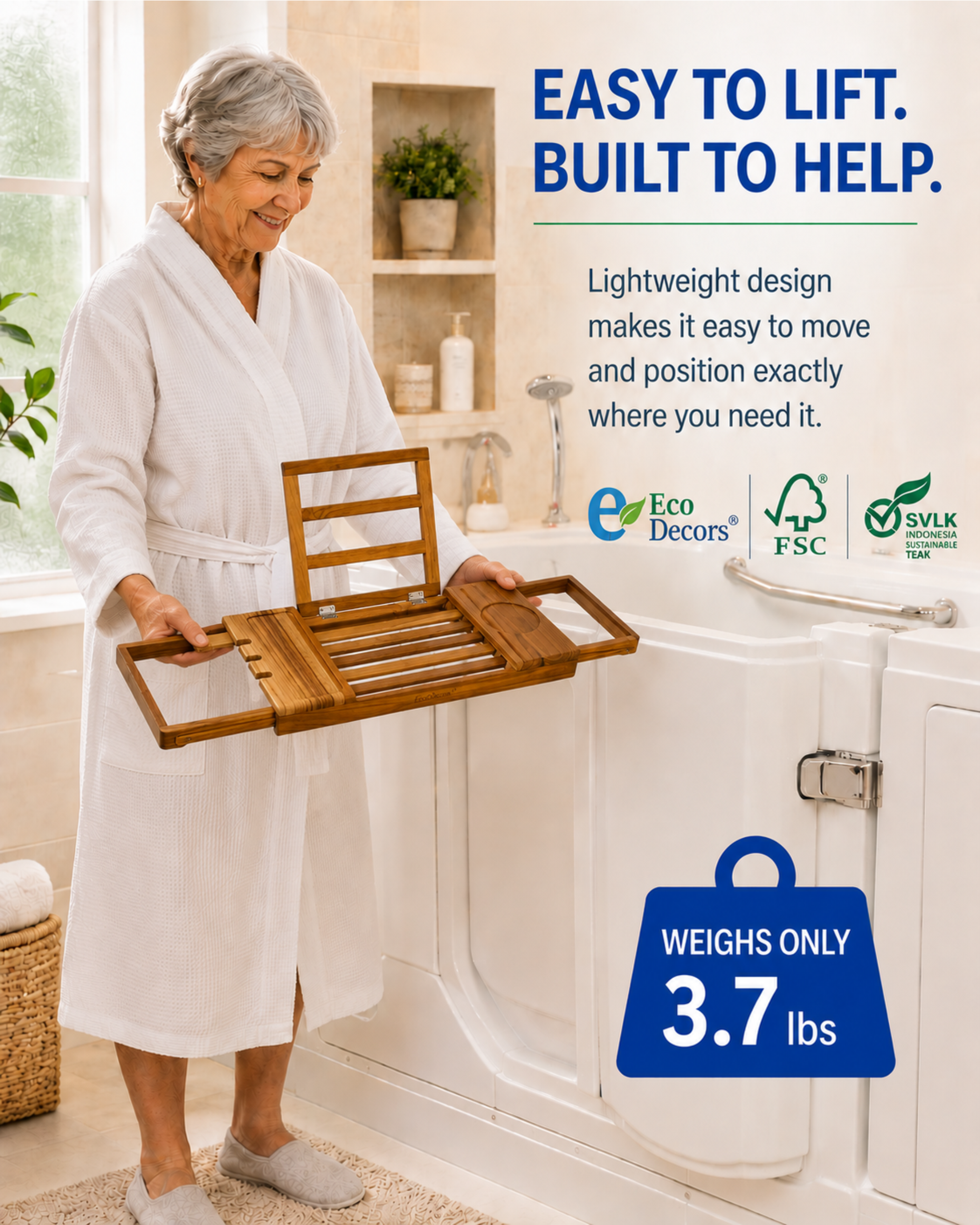 EcoDecors Expandable Teak Bathtub Tray Caddy – Adjustable Wooden Bath Tub Tray with Wine Glass Holder, Book & Tablet Stand, Spa Bath Caddy Organizer, Waterproof Solid Teak Bath Shelf
