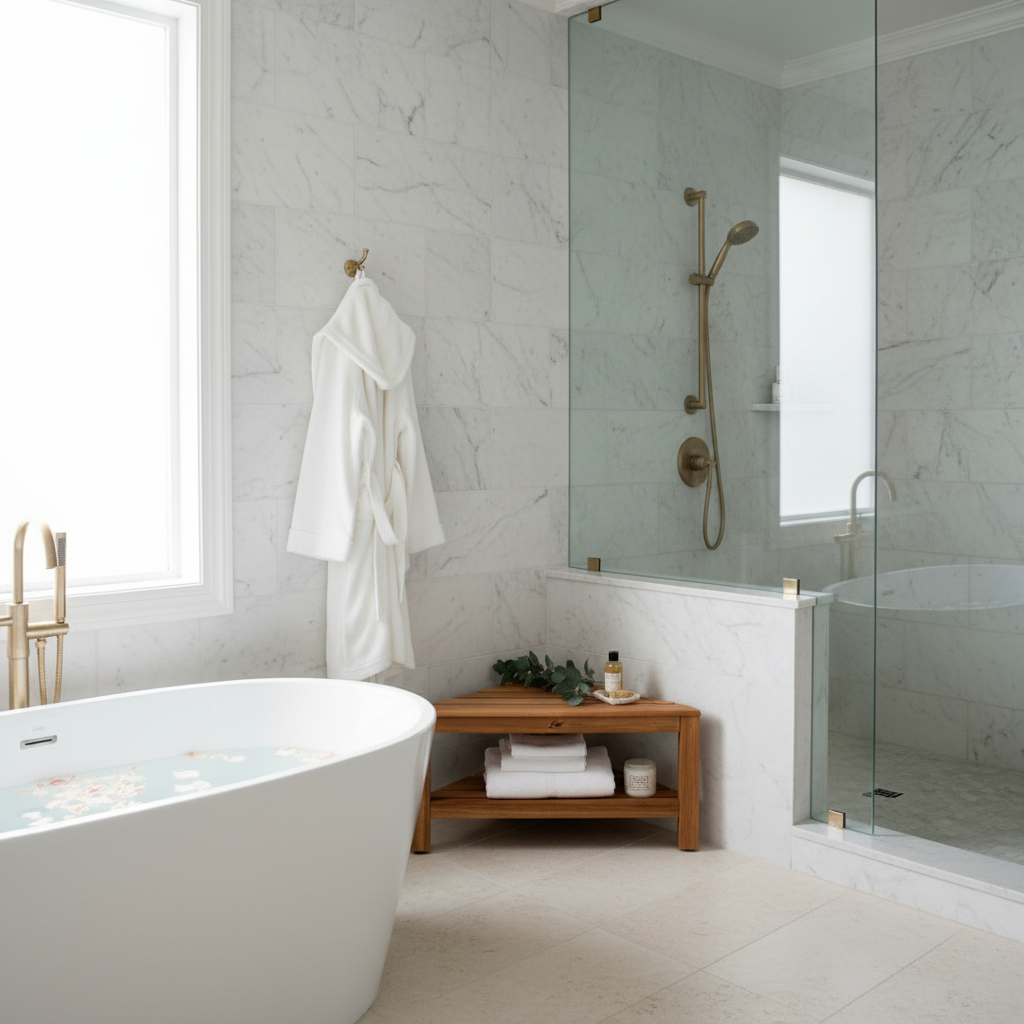 Zen® Acacia Wood 28” Corner Shower Bench With Shelf