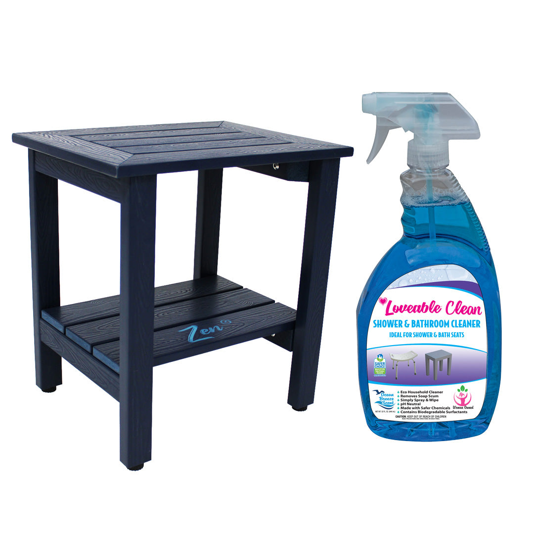 Zen® Navy Blue Faux Wood Shower Bench - Loveable® Plastic and Shower Furniture Cleaner in 32 oz. Spray Bottle