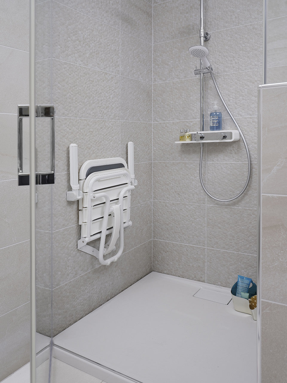 Comfortique wall mounted foldaway shower chair with back and arm rests