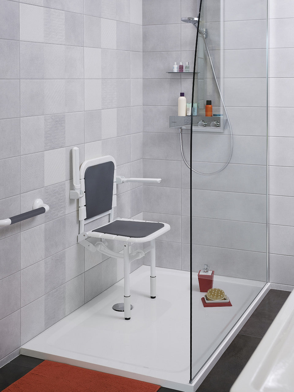 Comfortique adjustable height wall mounted foldaway shower chair & matching back rest and hinged arms