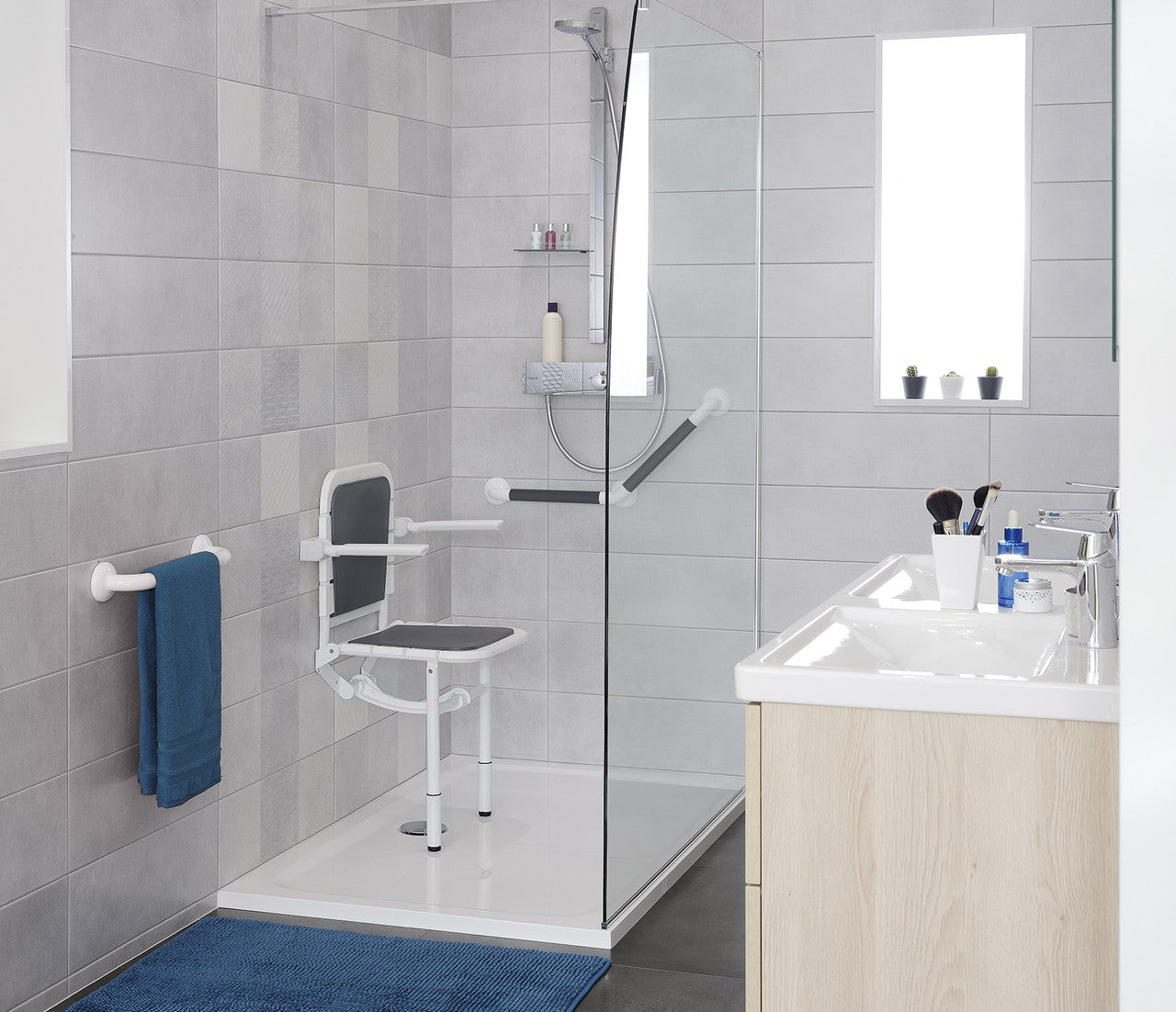 Comfortique adjustable height wall mounted foldaway shower chair & matching back rest and hinged arms