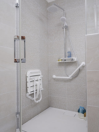 Comfortique wall mounted foldaway shower chair with back and arm rests