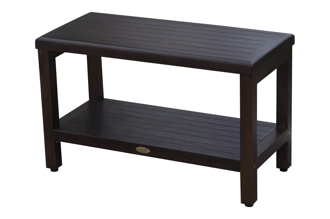 DecoTeak® Eleganto® 30" Teak Wood Shower Bench with Shelf in Woodland Brown Finish