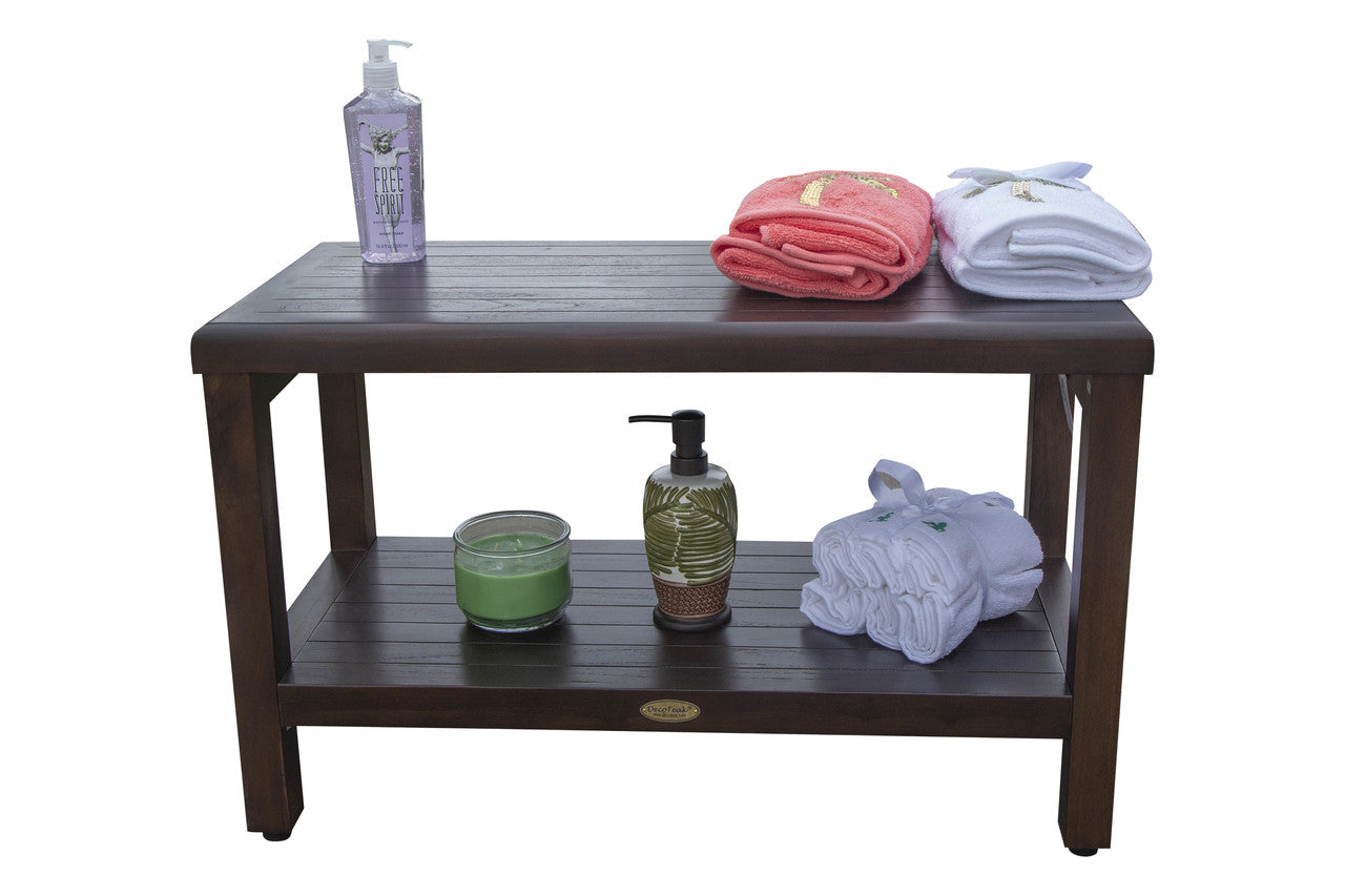 DecoTeak® Eleganto® 30" Teak Wood Shower Bench with Shelf in Woodland Brown Finish