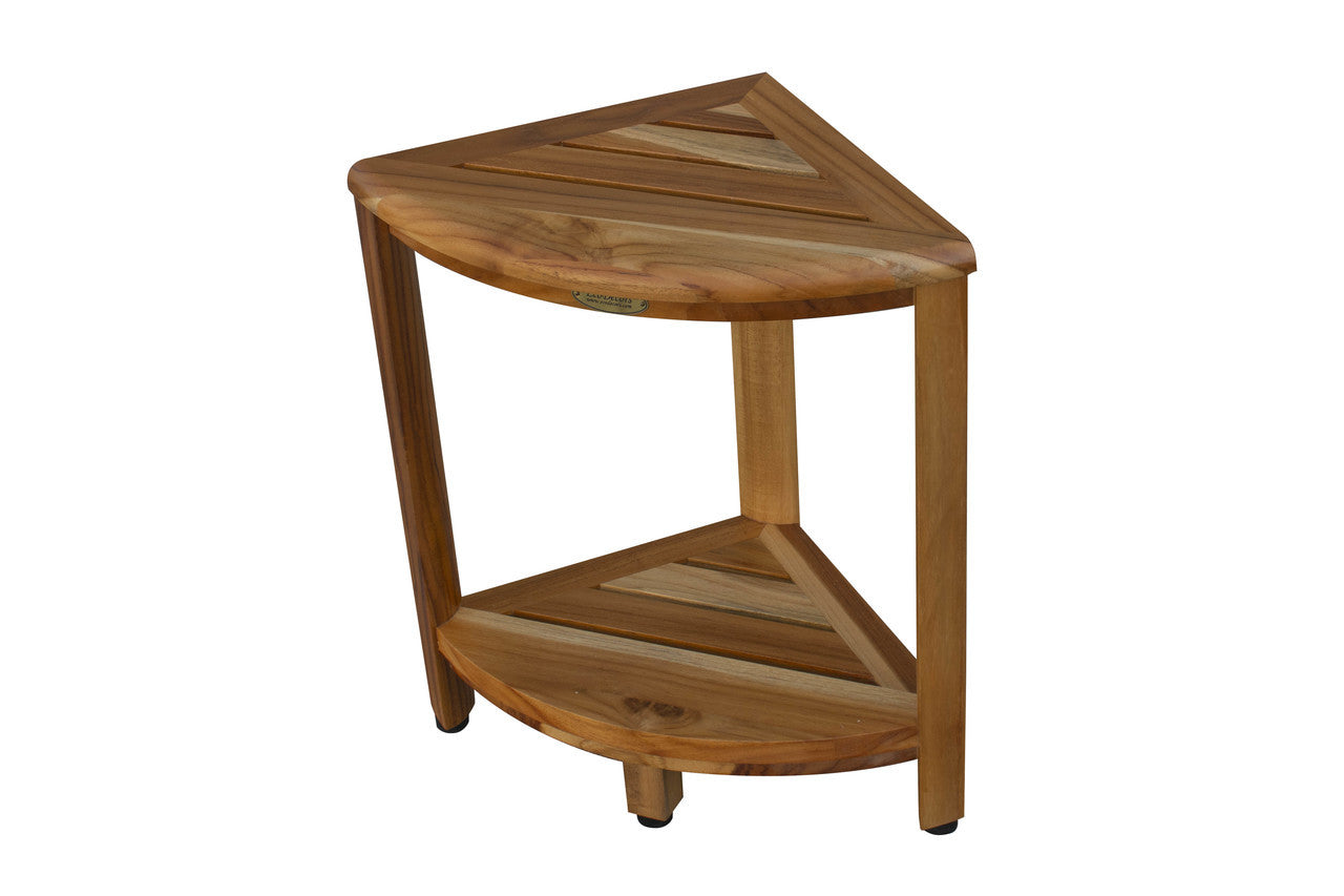EcoDecors® SnazzyCorner® 18" Teak Wood Corner Shower Bench with Shelf in EarthyTeak Finish