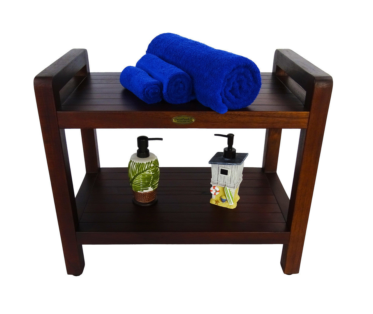 DecoTeak® Eleganto® 24" Teak Wood Shower Bench with LiftAide Arms and Shelf in Woodland Brown Finish