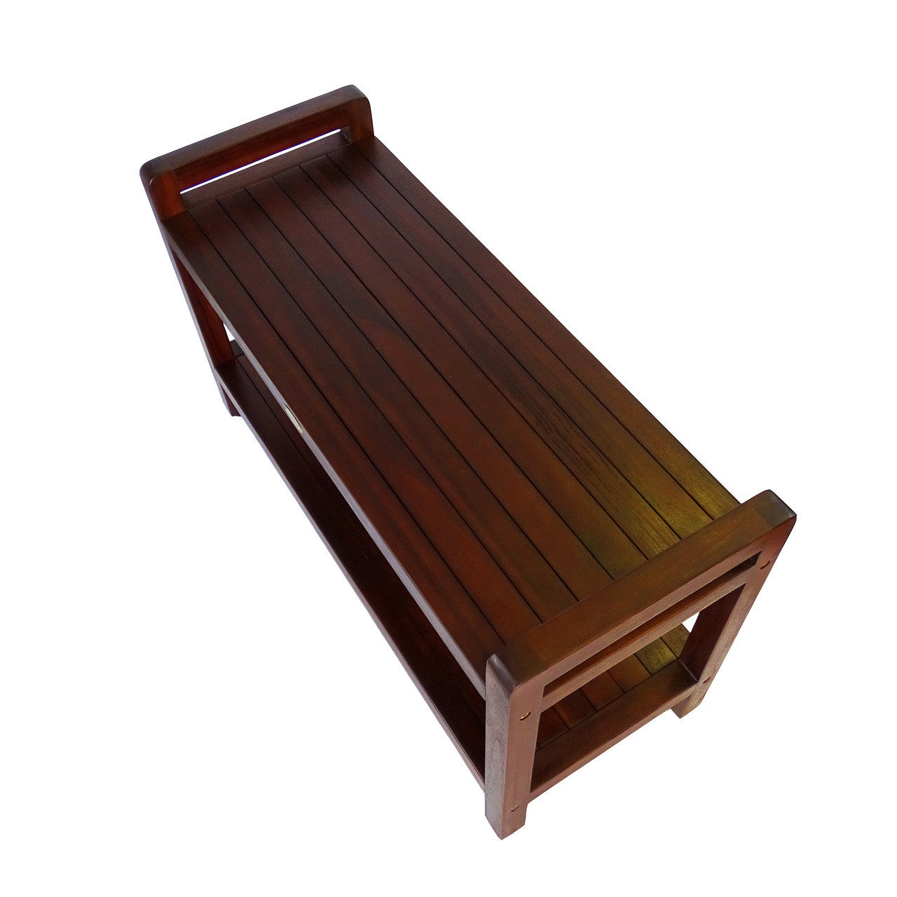 DecoTeak Eleganto 35"L Teak Wood Shower Bench with LiftAide Arms and Shelf in Woodland Brown Finish
