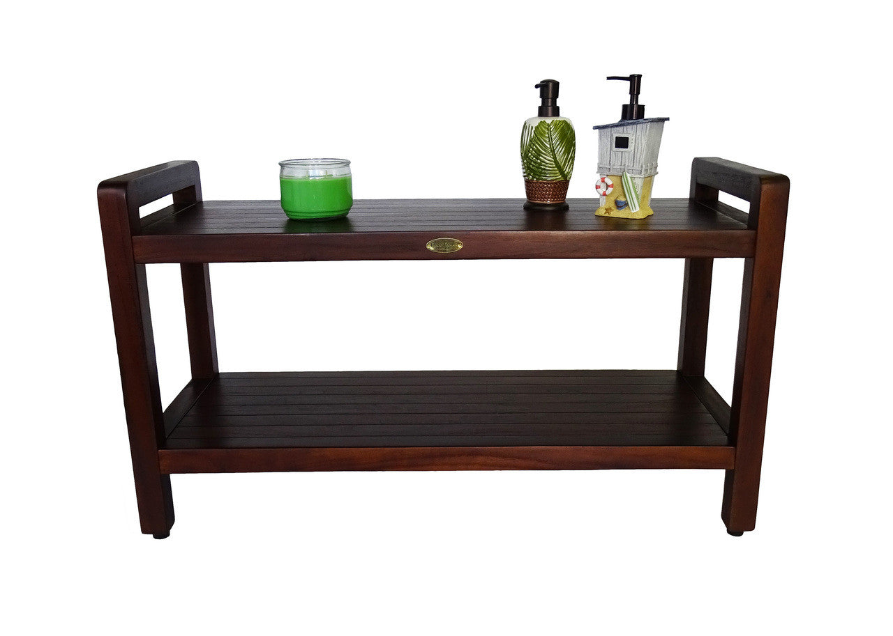 DecoTeak Eleganto 35"L Teak Wood Shower Bench with LiftAide Arms and Shelf in Woodland Brown Finish