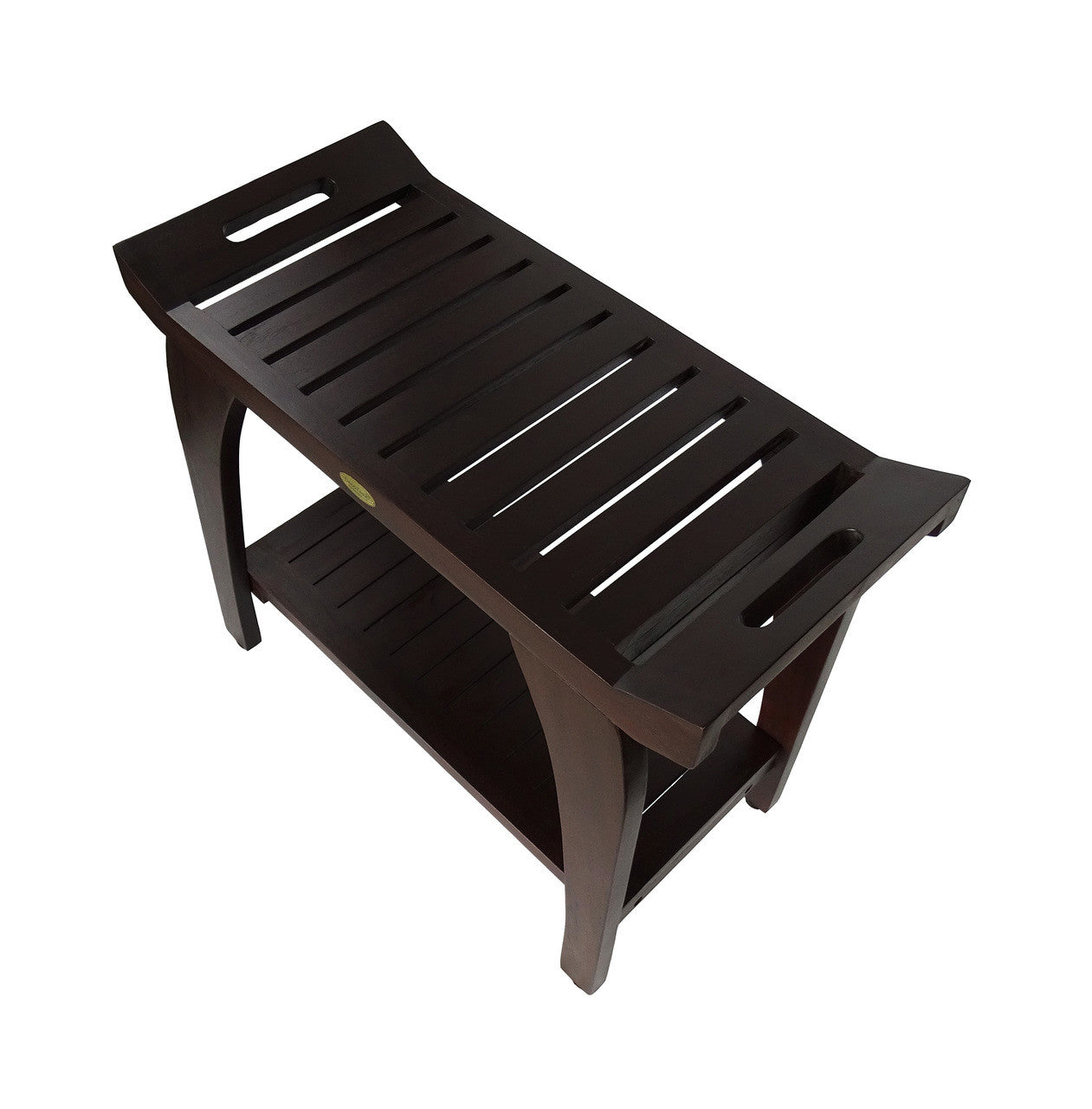 DecoTeak® Tranquility® 30"L Teak Wood Shower Bench with Shelf and LiftAide® Arms in Woodland Brown Finish