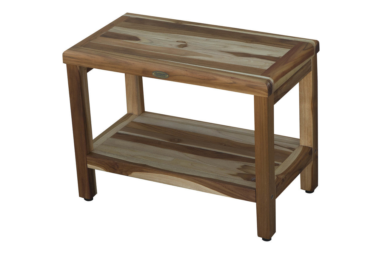 EcoDecors® Eleganto® 24" Teak Wood Shower Bench with Shelf in EarthyTeak Finish