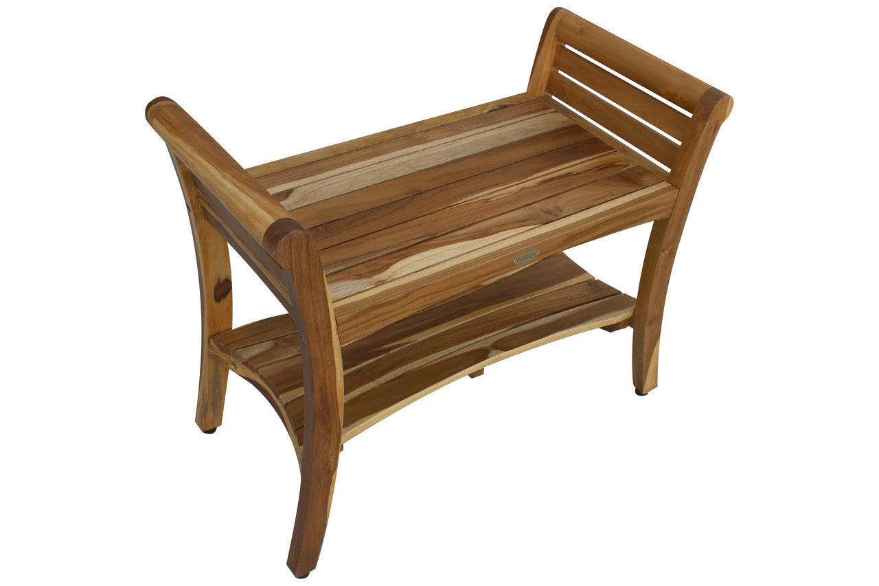 EcoDecors® Symmetry® 29" Teak Wood Shower Bench with Shelf and LiftAide® Arms in EarthyTeak Finish