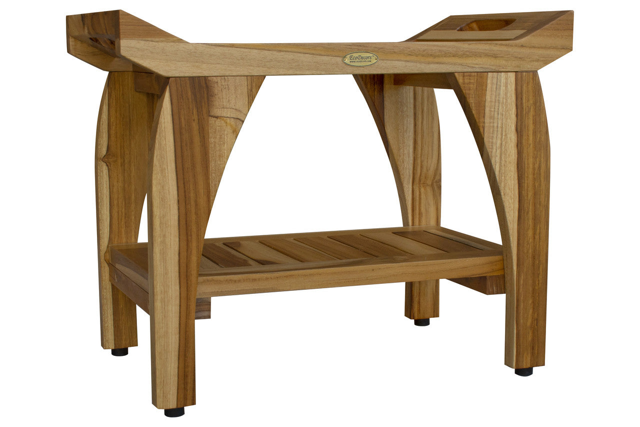 EcoDecors® Tranquility® 24" Teak Wood Shower Bench with Shelf and LiftAide® Arms in EarthyTeak Finish