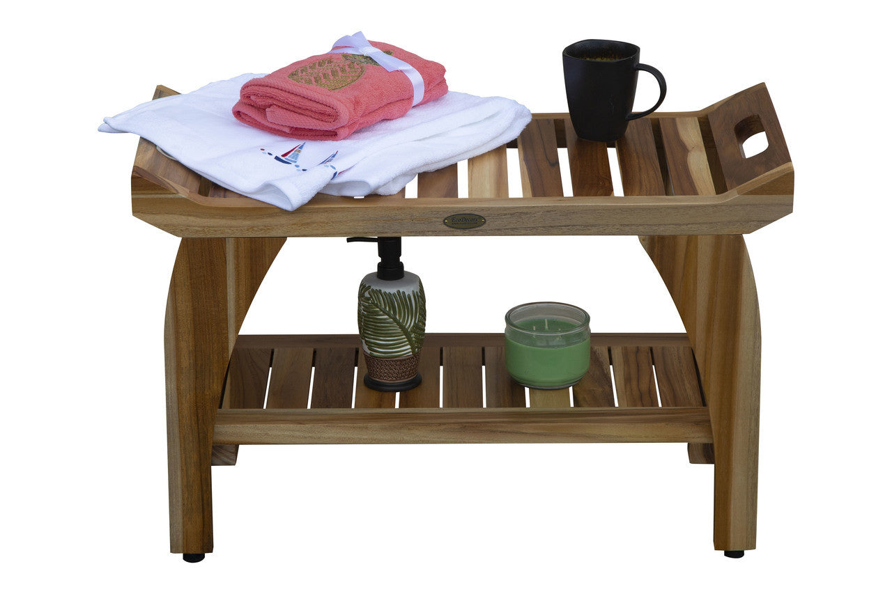 EcoDecors® Tranquility® 30" Teak Wood Shower Bench with Shelf in EarthyTeak Finish