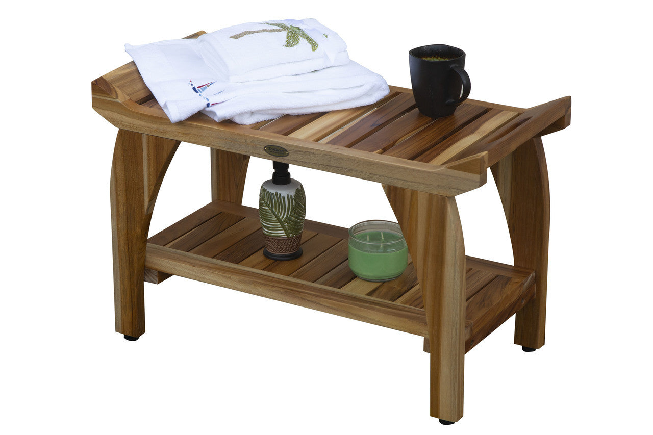 EcoDecors® Tranquility® 30" Teak Wood Shower Bench with Shelf in EarthyTeak Finish