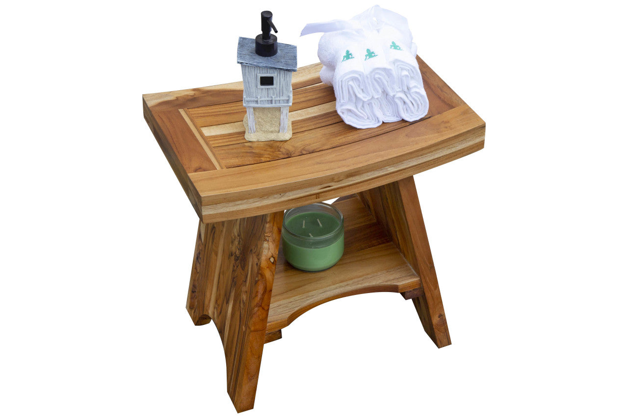 EcoDecors® Serenity® 18" Teak Wood Shower Bench with Shelf in EarthyTeak Finish
