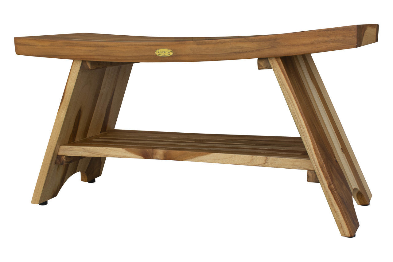 EcoDecors® Serenity® 35" Teak Wood Shower Bench with Shelf in EarthyTeak Finish