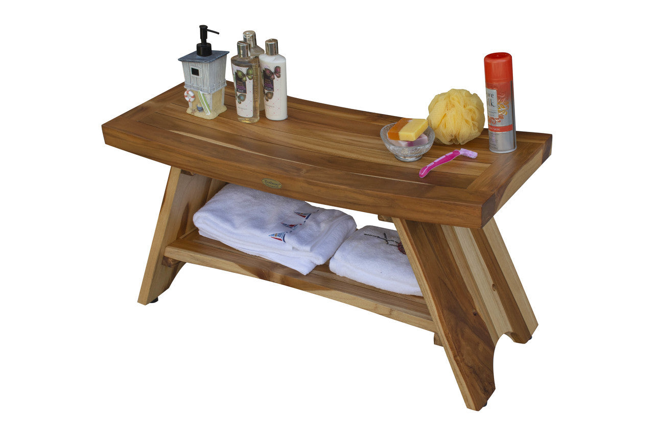 EcoDecors® Serenity® 35" Teak Wood Shower Bench with Shelf in EarthyTeak Finish