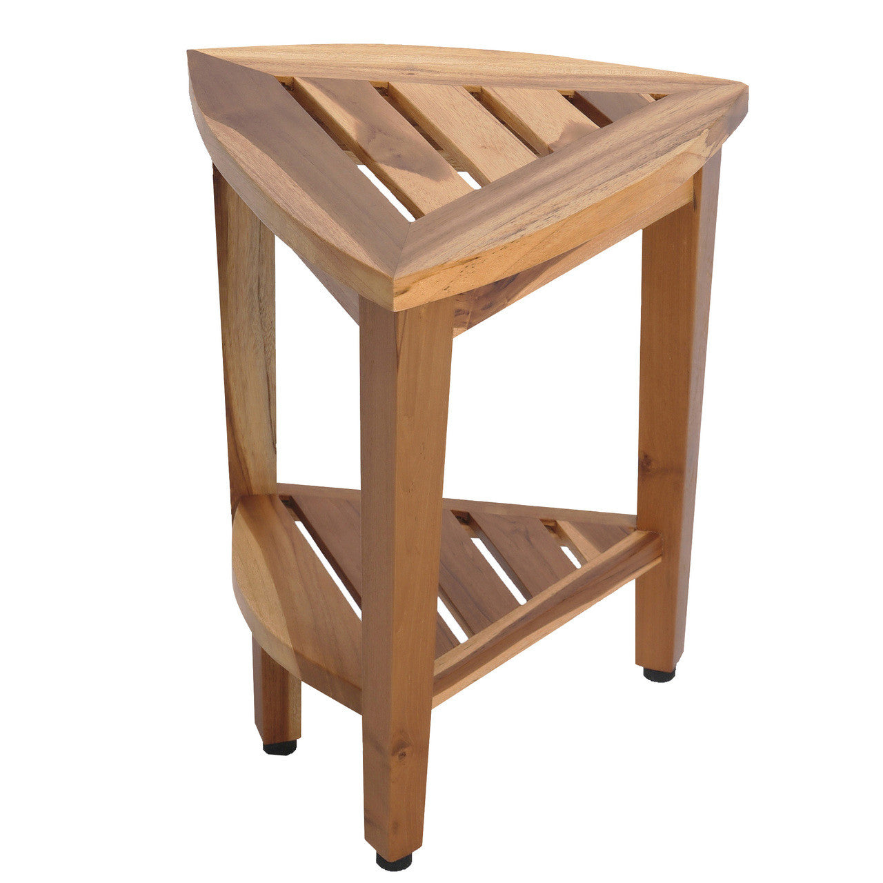 EcoDecors® SnazzyCorner® 18"H Teak Wood Curved Corner Shower Bench with Shelf in EarthyTeak Finish
