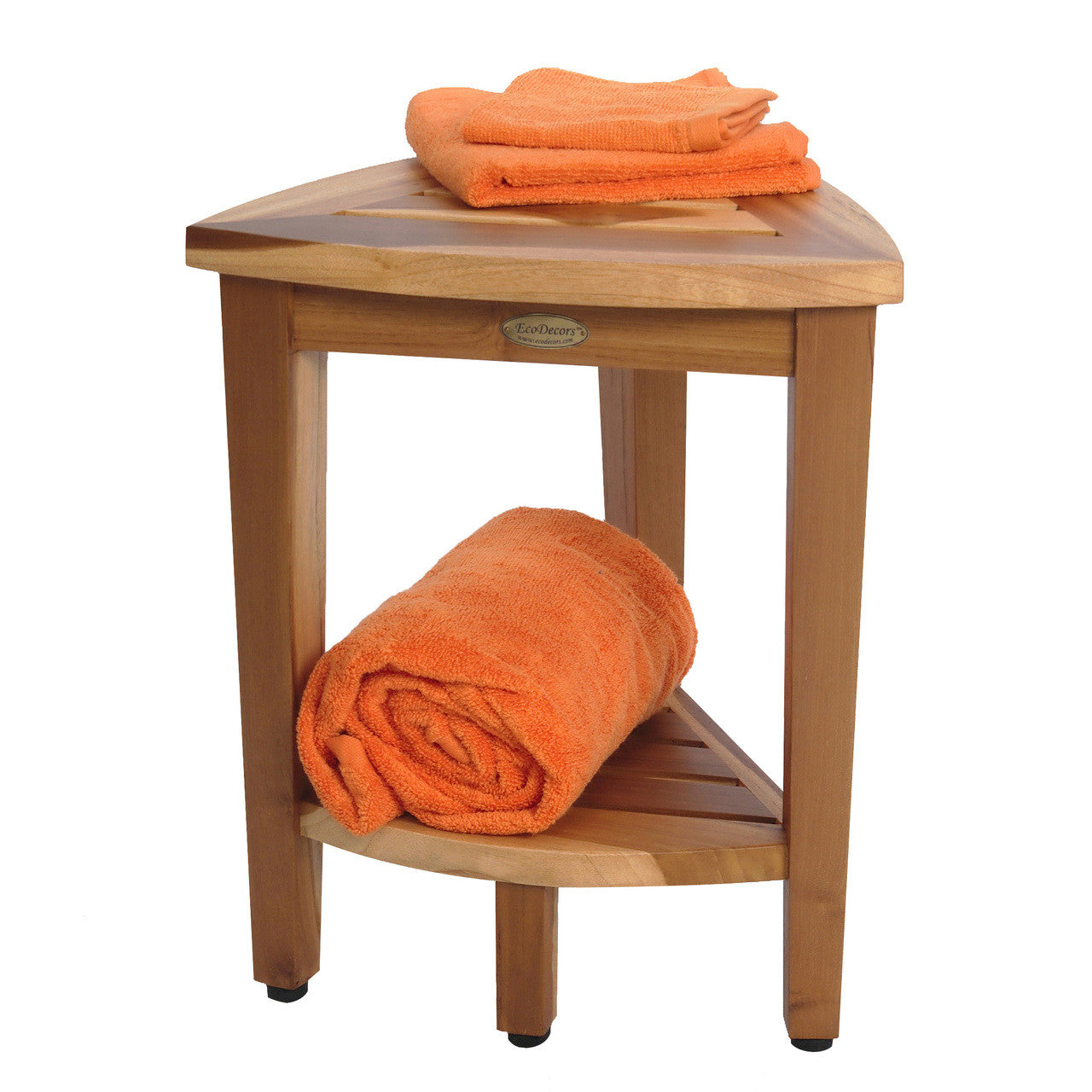 EcoDecors® SnazzyCorner® 18"H Teak Wood Curved Corner Shower Bench with Shelf in EarthyTeak Finish