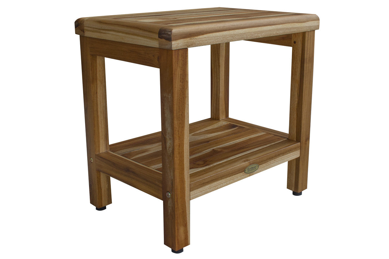EcoDecors® Eleganto® 18" Teak Wood Shower Bench with Shelf in EarthyTeak Finish