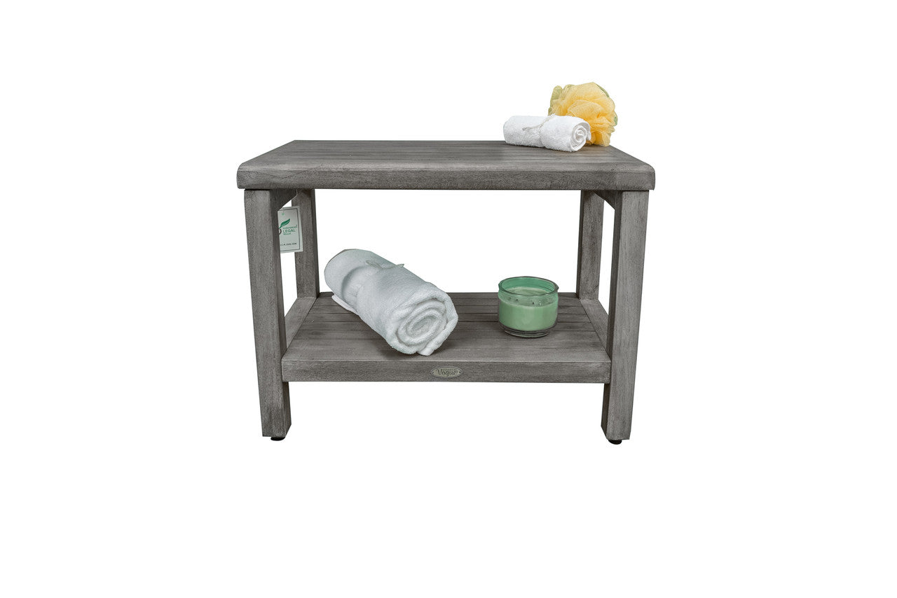 CoastalVogue® Eleganto® 24" Teak Wood Shower Bench with Shelf in Antique Gray Finish