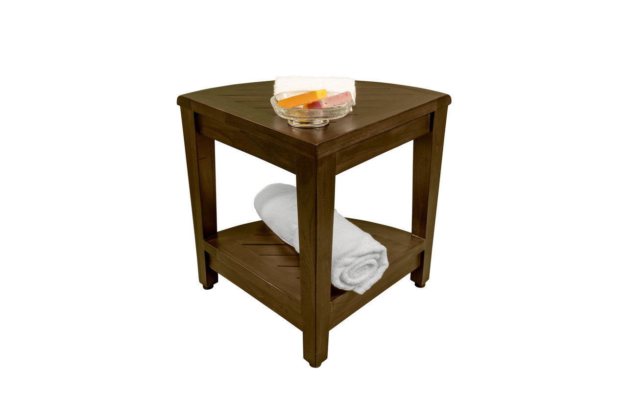 DecoTeak® SnazzyCorner® 23" Teak Wood Tall Corner Shower Bench with Shelf in Woodland Brown Finish