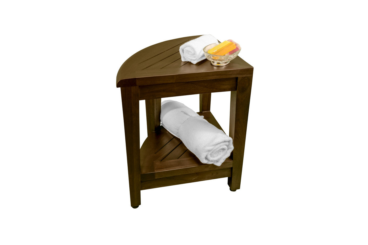 Corner teak shower bench with best sale shelf