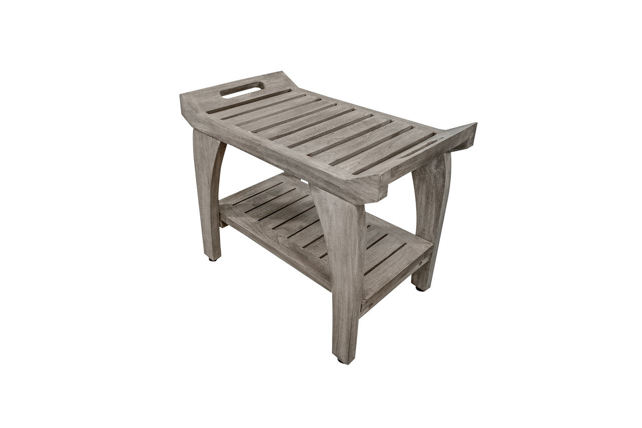 CoastalVogue® Tranquility® 24" Teak Wood Shower Bench with Shelf and LiftAide® Arms in Antique Gray Finish