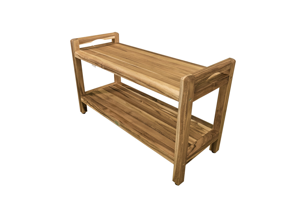 EcoDecors® Eleganto® 35" Teak Wood Shower Bench with LiftAide® Arms and Shelf in EarthyTeak Finish