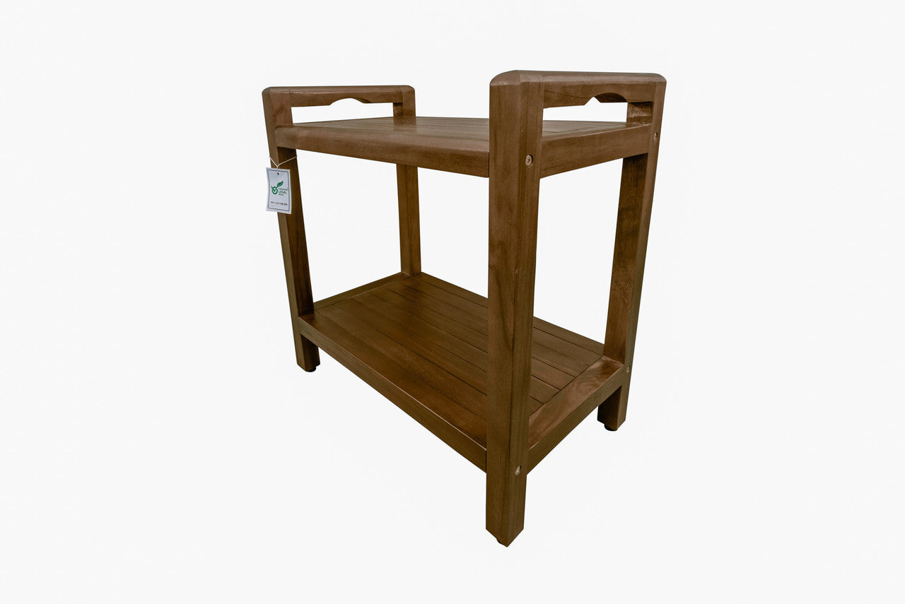 DecoTeak® Eleganto® 21"H Teak Wood Shower Bench with LiftAide® Arms and Shelf in Woodland Brown Finish