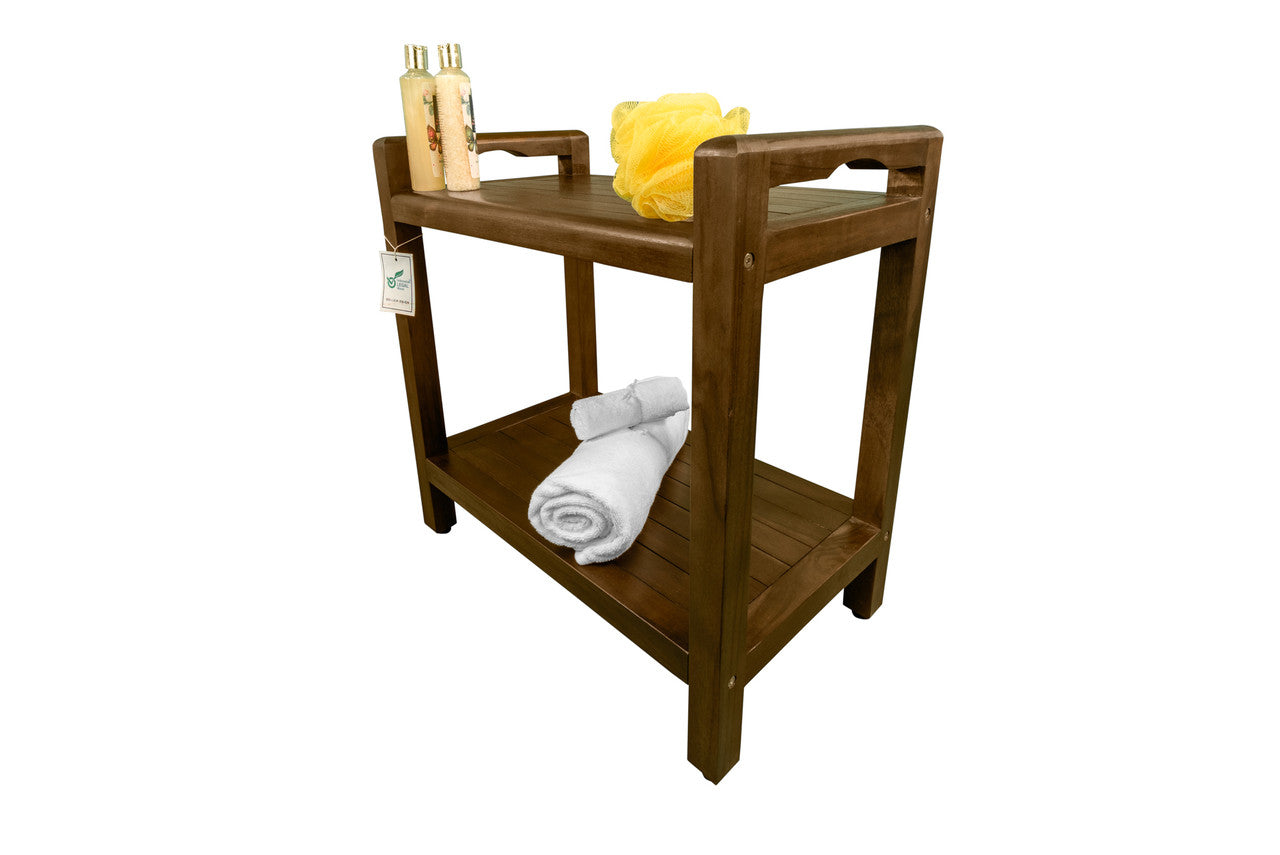 DecoTeak® Eleganto® 21"H Teak Wood Shower Bench with LiftAide® Arms and Shelf in Woodland Brown Finish