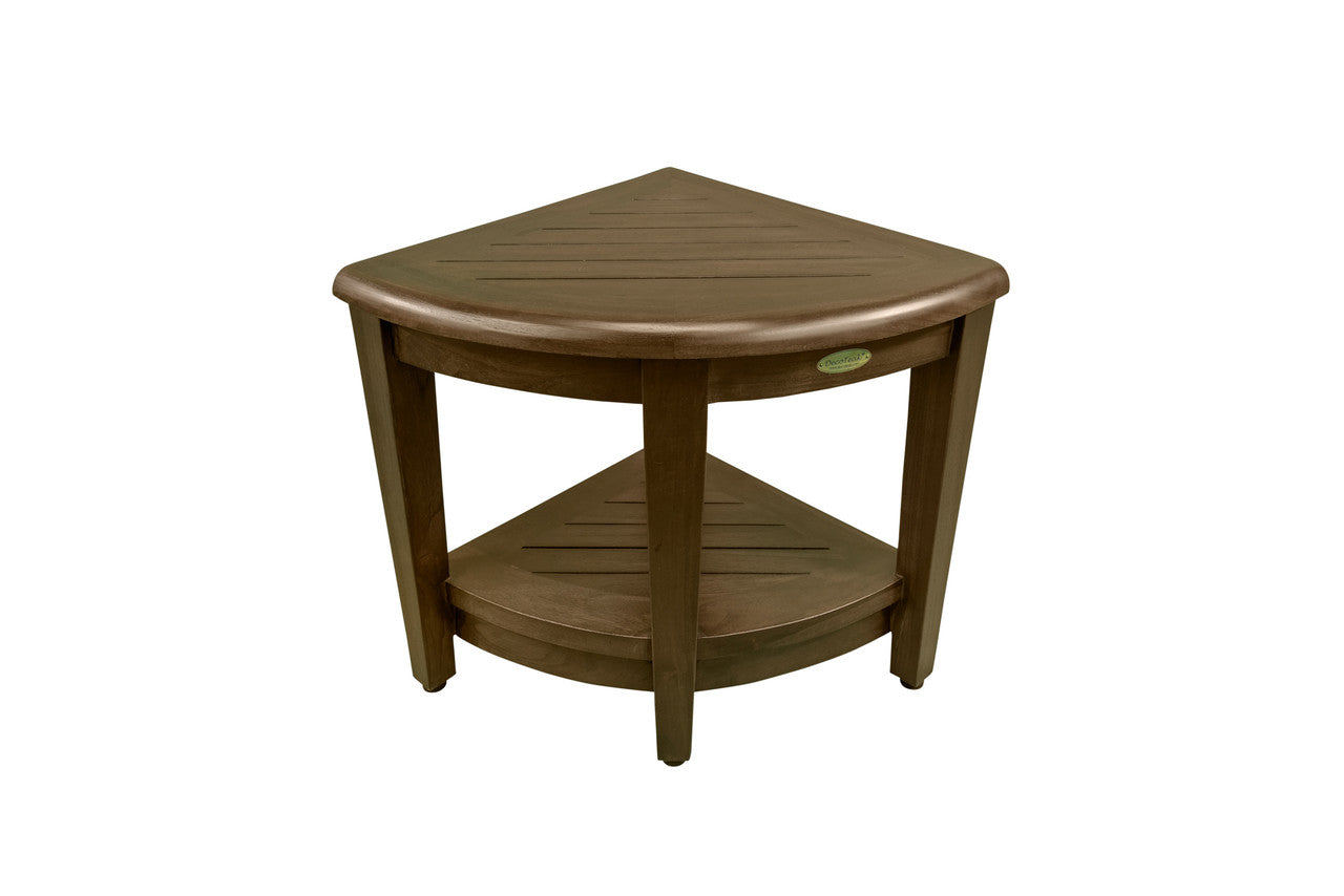 DecoTeak® SnazzyCorner® 23" Teak Wood Tall Corner Shower Bench with Shelf in Woodland Brown Finish