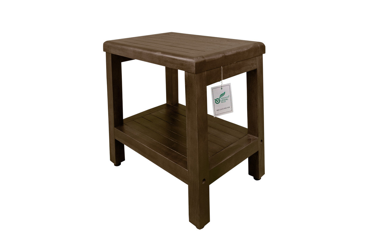 DecoTeak® Eleganto® 18" Teak Wood Shower Bench with Shelf in Woodland Brown Finish