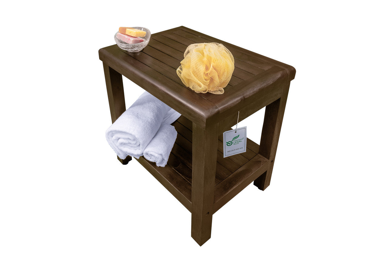 DecoTeak® Eleganto® 18" Teak Wood Shower Bench with Shelf in Woodland Brown Finish
