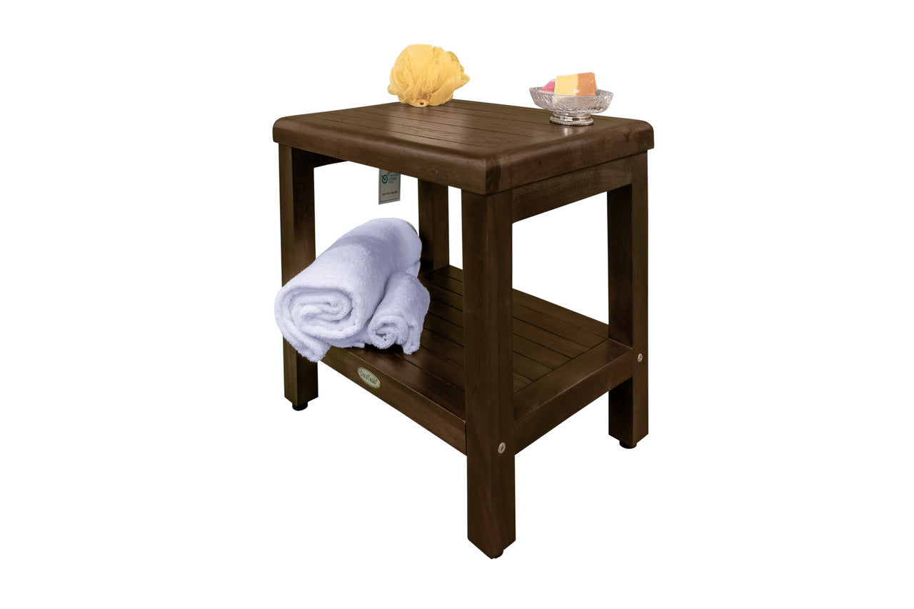 DecoTeak® Eleganto® 18" Teak Wood Shower Bench with Shelf in Woodland Brown Finish