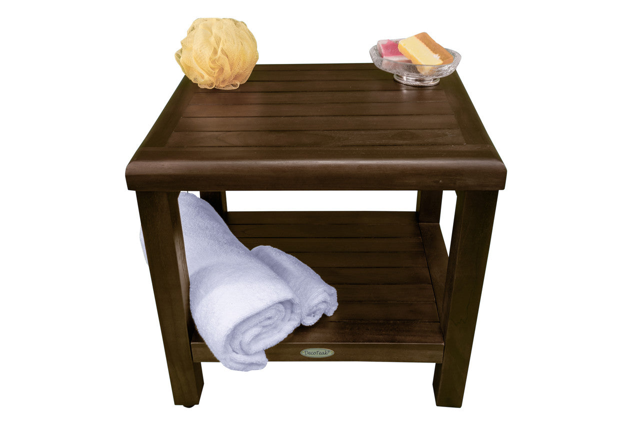 DecoTeak® Eleganto® 18" Teak Wood Shower Bench with Shelf in Woodland Brown Finish