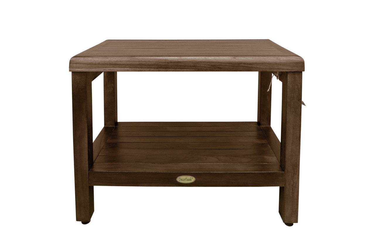 DecoTeak® Eleganto® 24" Teak Wood Shower Bench with Shelf in Woodland Brown Finish