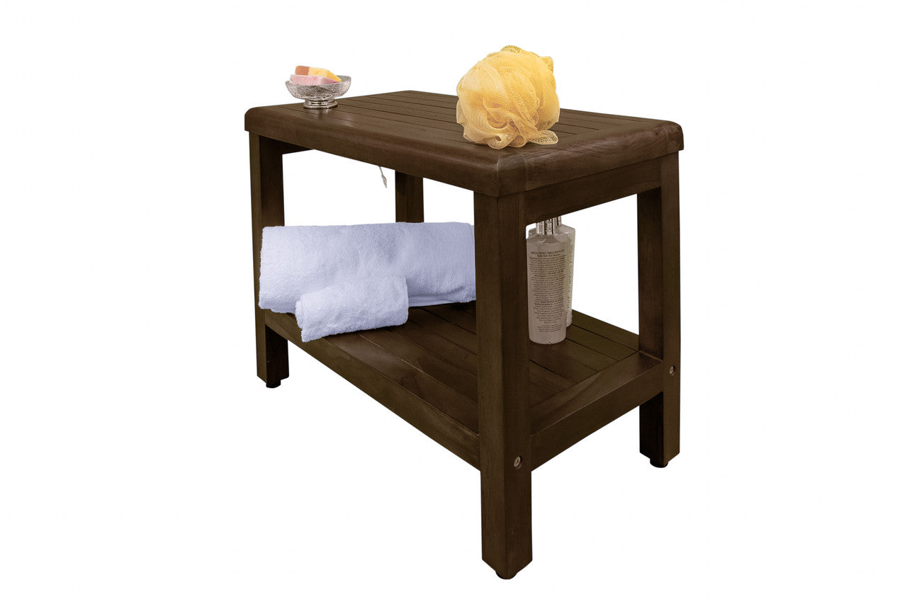 DecoTeak® Eleganto® 24" Teak Wood Shower Bench with Shelf in Woodland Brown Finish
