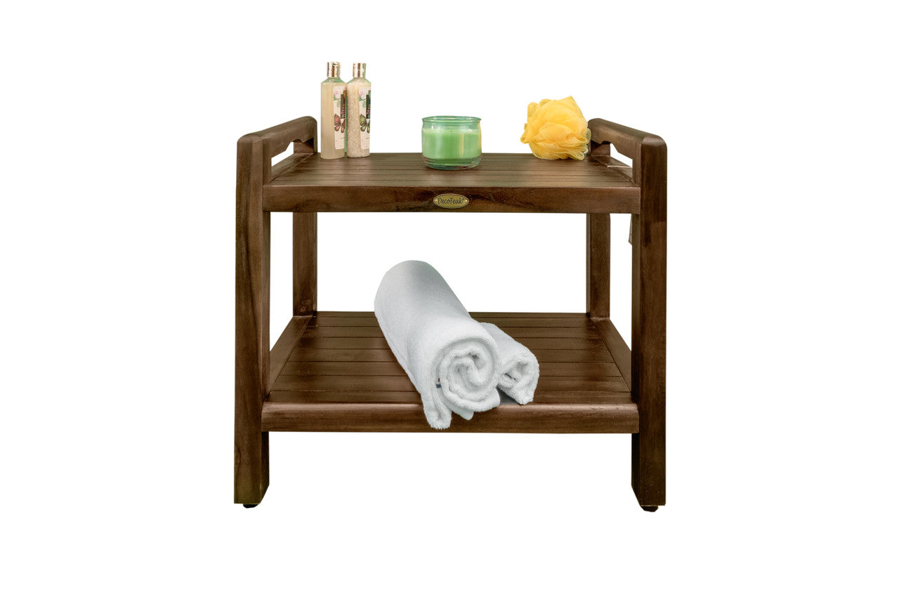 DecoTeak® Eleganto® 24" Teak Wood Shower Bench with LiftAide® Arms and Shelf in Woodland Brown Finish