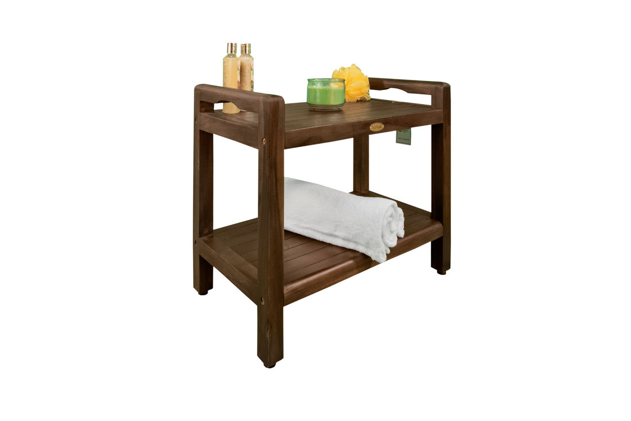 DecoTeak® Eleganto® 24" Teak Wood Shower Bench with LiftAide® Arms and Shelf in Woodland Brown Finish