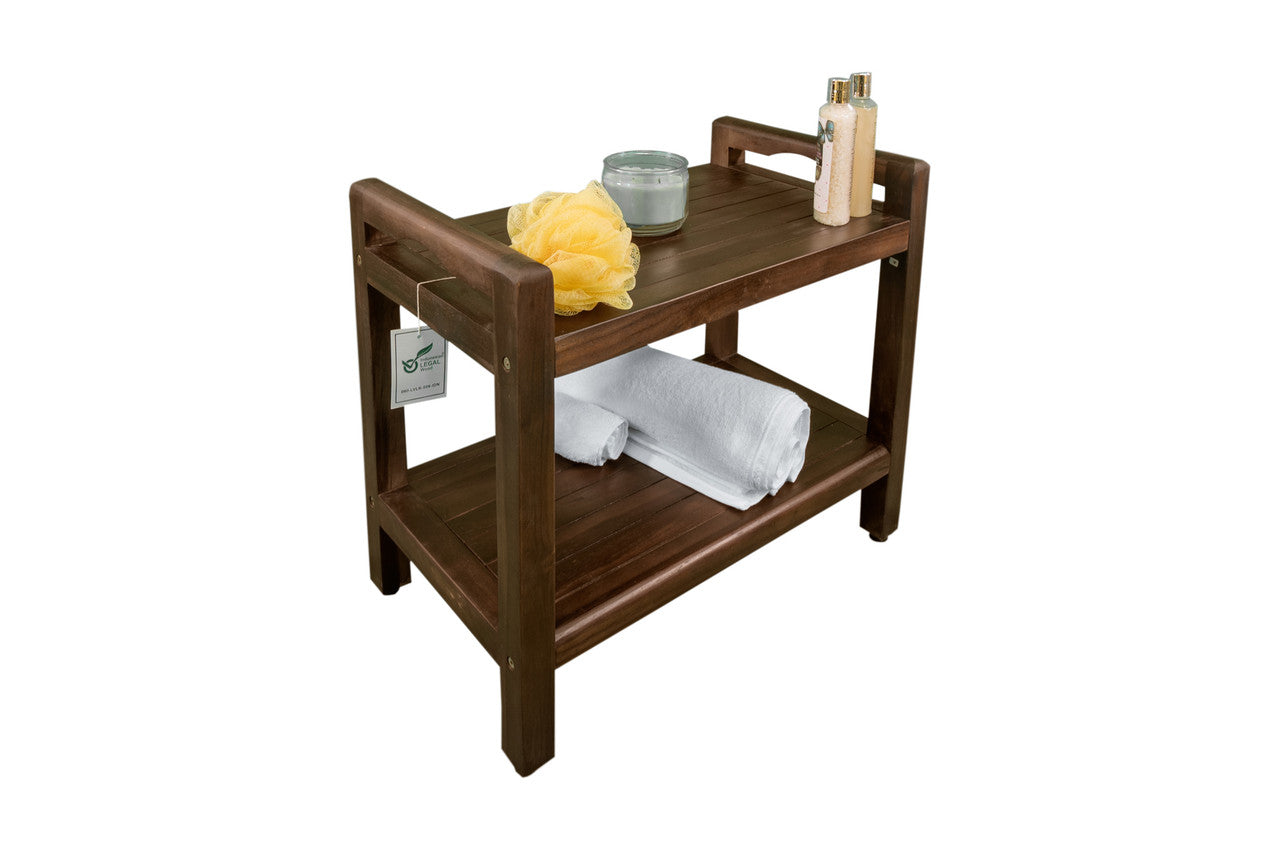 DecoTeak® Eleganto® 24" Teak Wood Shower Bench with LiftAide® Arms and Shelf in Woodland Brown Finish