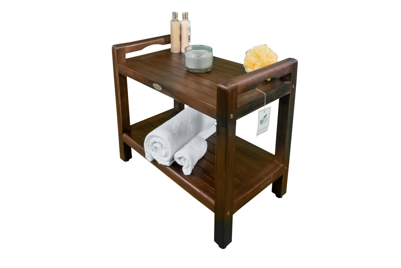 DecoTeak® Eleganto® 24" Teak Wood Shower Bench with LiftAide® Arms and Shelf in Woodland Brown Finish